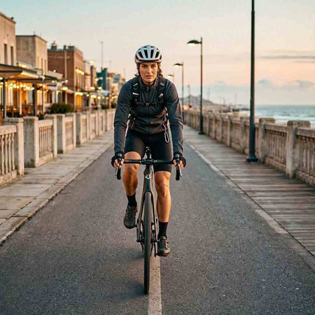 Cyclist riding on the promenade along the sea in the evening