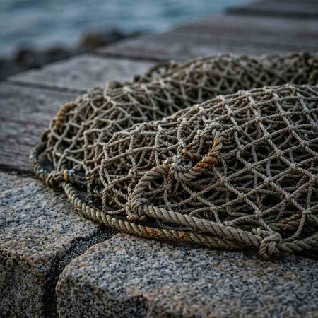 Close up of a fishing net on a dock. Selective focus.