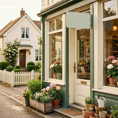 Coffee shop with flowers in front of the door and sign