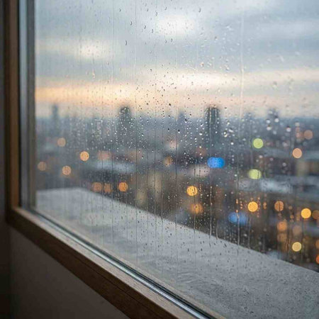 Raindrops on the window. Blurred cityscape in the background.