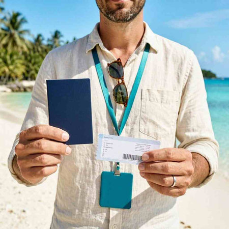 Man holding passport and boarding pass ticket on tropical beach. Travel concept