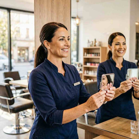 Portrait of smiling female barista using smartphone while standing in cafe