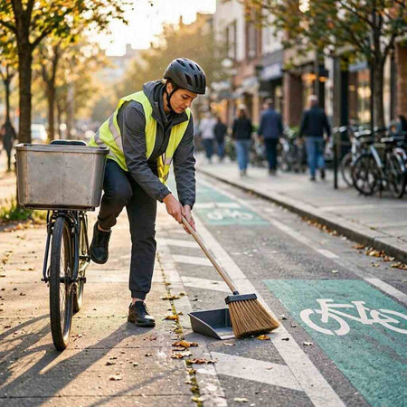 Young man sweeping the street.