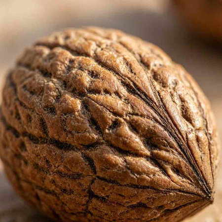 Macro image of a walnut on a wooden background. Close-up.