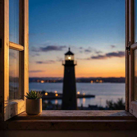Lighthouse on the background of the sea at sunset. Beautiful view from the window.