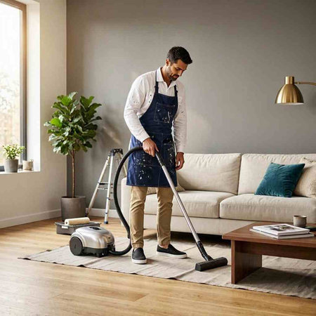 Man vacuuming the living room at home with a vacuum cleaner