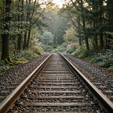 Railroad tracks in the forest. Selective focus on rails.