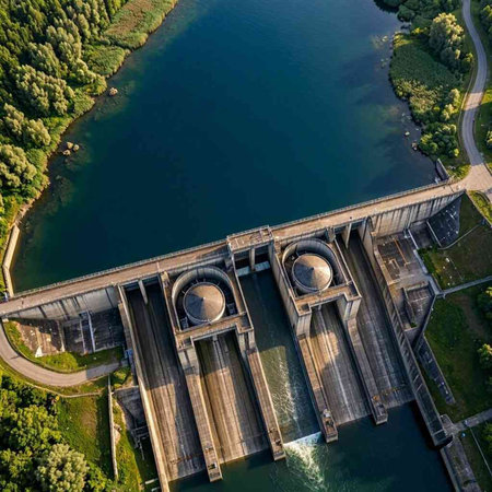 Aerial view of the hydroelectric power station on the lake.