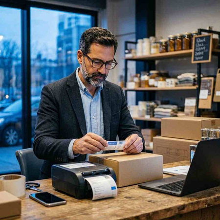 Coffee shop owner working in a coffee shop with a laptop and a box of coffee