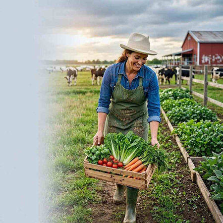Farmer with a basket of fresh organic vegetables in the field.