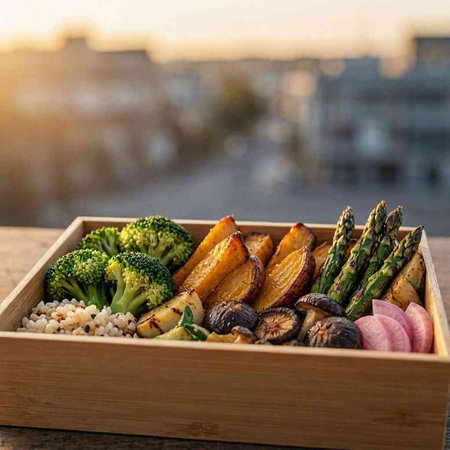 Healthy lunch box with asparagus, mushroom, eggplant, broccoli and quinoa