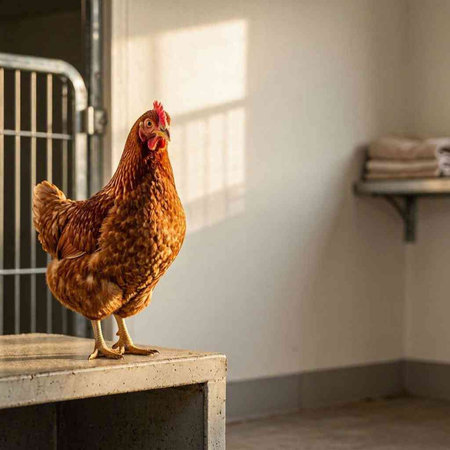 red chicken in a cage on the background of a white wall.