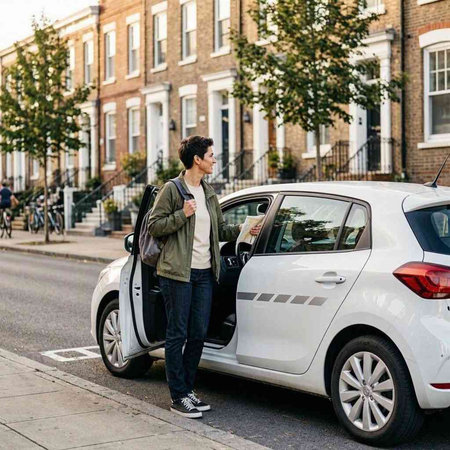 Young man standing next to his car on the street in London.