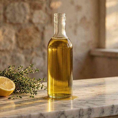 Bottle of olive oil with thyme and lemonle table