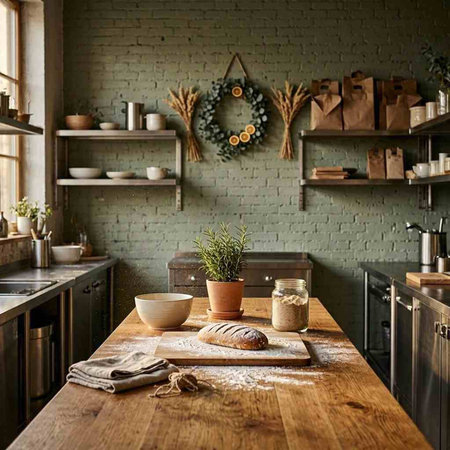 Rustic kitchen interior with rustic wooden table and kitchenware.