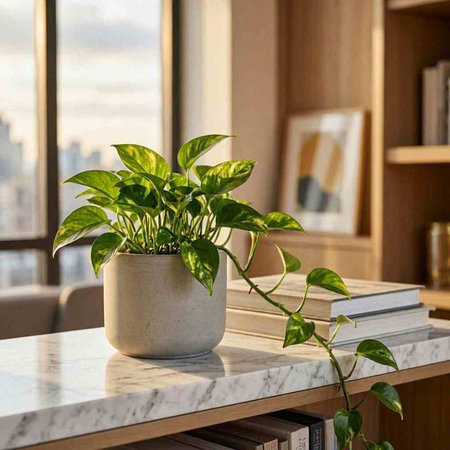 Potted houseplant on a marble table in a modern living room