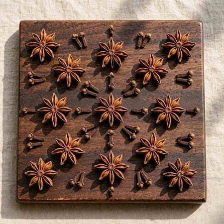Star anise and cloves on a wooden board, top view.