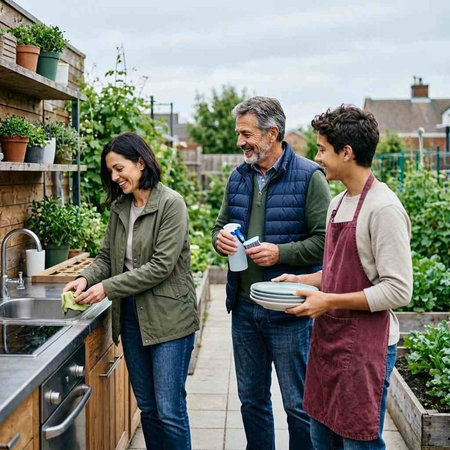 Mature couple with adult son and senior woman gardening together at home