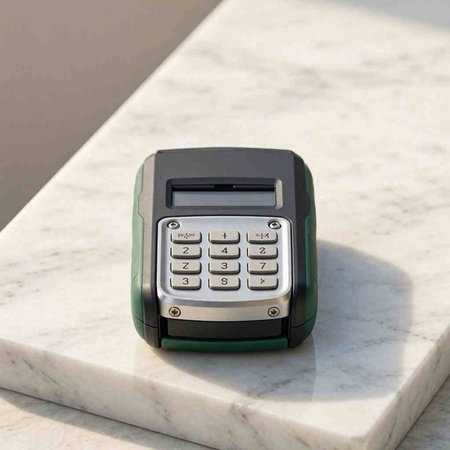 Credit card reader on a white marble countertop. 3d rendering