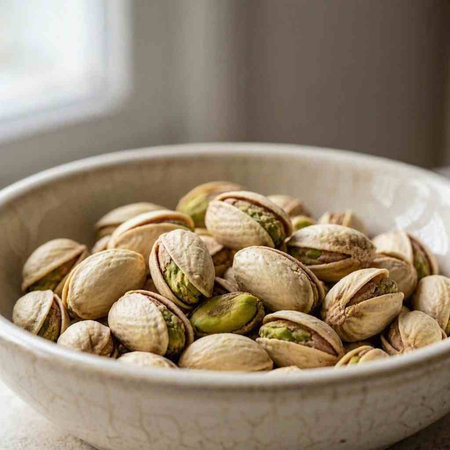 Pistachios in a bowl on a white table. Selective focus.
