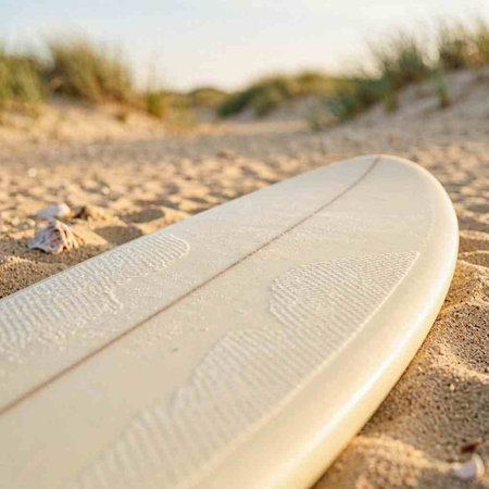 Surfboard on the beach in the morning. Selective focus.