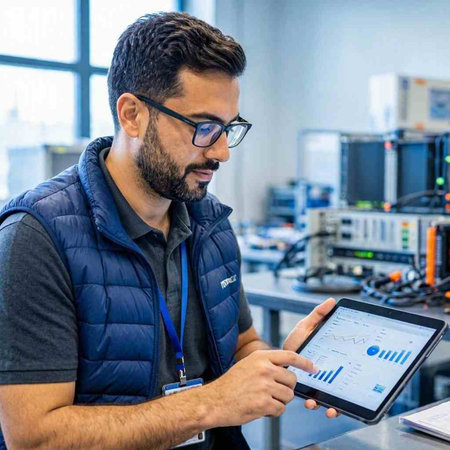 Engineer using tablet computer in control room of modern factory. Industrial and technology concept.