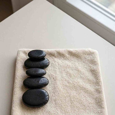 Spa stones on a towel on a white table with a window