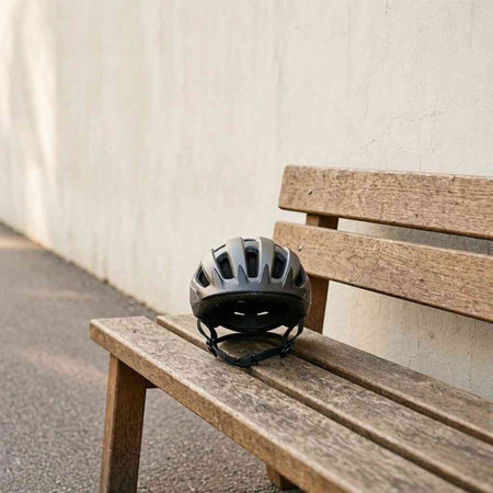 Bicycle helmet on a bench in the park. Selective focus.