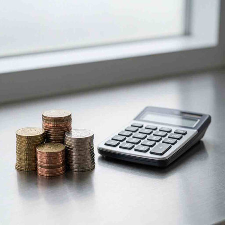 Calculator and coins on the table. Business and finance concept.