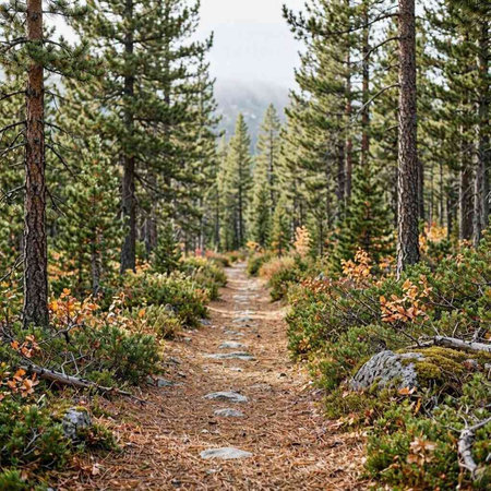 Hiking trail in the coniferous forest in the mountains.