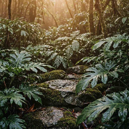 Green leaves in tropical rainforest with sunlight. Nature and environment concept.