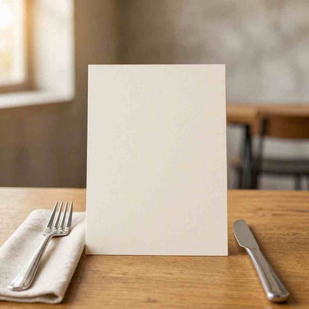 Blank paper card on wooden table with fork and knife in restaurant