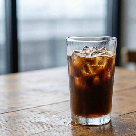 Cola with ice cubes on wooden table in coffee shop, stock photo