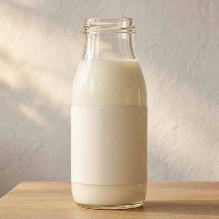 Bottle of fresh milk on wooden table against white wall background.