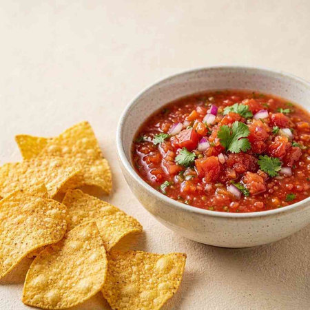Traditional mexican salsa with nachos chips on light background