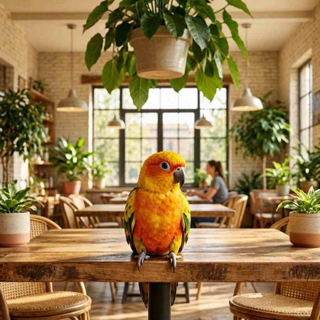 Beautiful parrot sitting on a wooden table in a cafe.