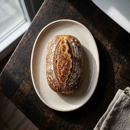 Freshly baked bread on a plate on a wooden table in the kitchen