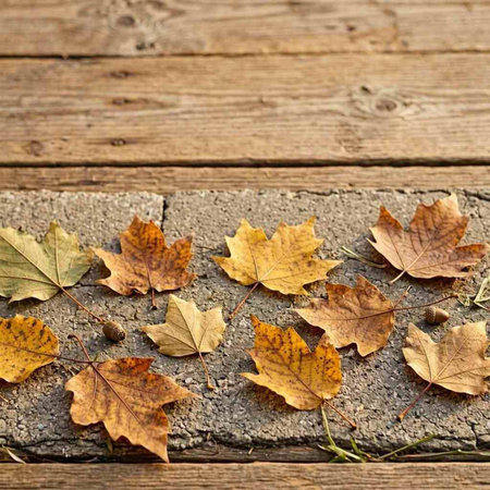 Fallen autumn leaves on a wooden surface. Selective focus.