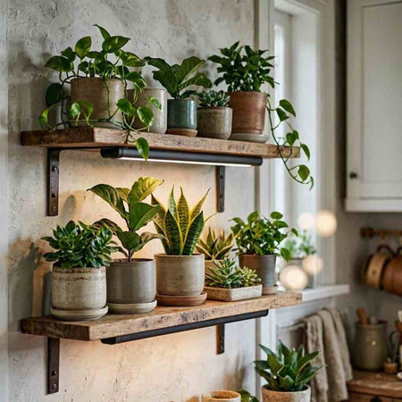 Beautiful houseplants in pots on a shelf in the room