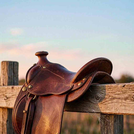 Saddle on a wooden fence with blue sky in the background.
