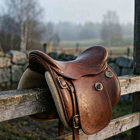 Leather horse saddle on a wooden fence in a rural landscape.