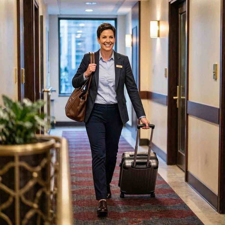 Portrait of a smiling businesswoman walking with suitcase in hotel lobby