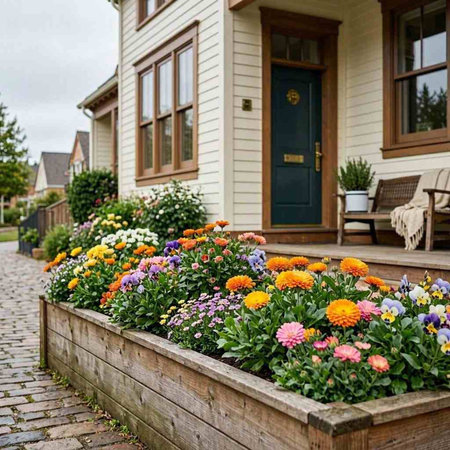 Flowerbed in front of a wooden house in the city.