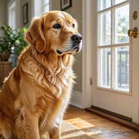 Golden Retriever looking out the window at home in the morning