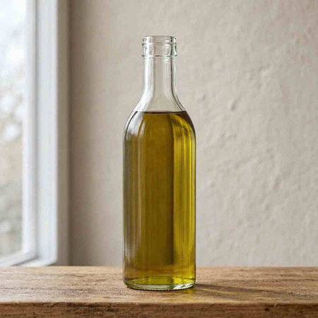 Olive oil in a bottle on a wooden table against a white wall