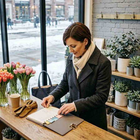 Elegant businesswoman working at her desk in a flower shop.