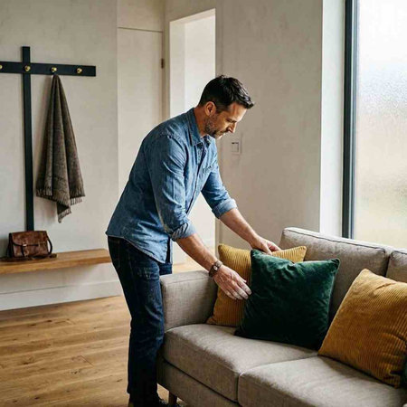 Man putting pillows on sofa in the living room at home.