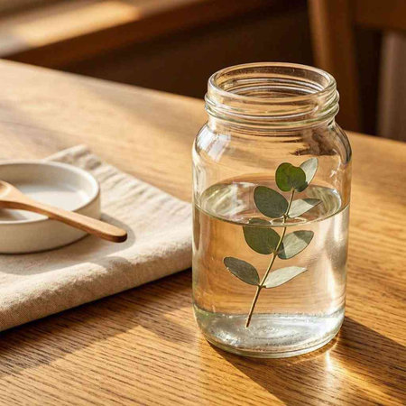 Eucalyptus leaves in a glass jar on a wooden table