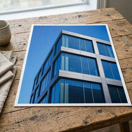 Photo collage of a modern office building with blue glass windows.