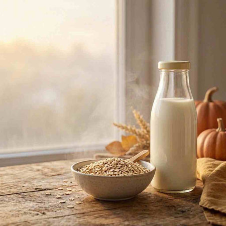 Oat milk in a glass bottle and a bowl with oatmeal on a wooden table next to the window.